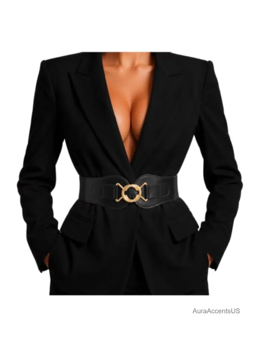 Wide Waist Belt Stretchy Woven Elastic Belt Gold-Tone Interlocking Buckle for